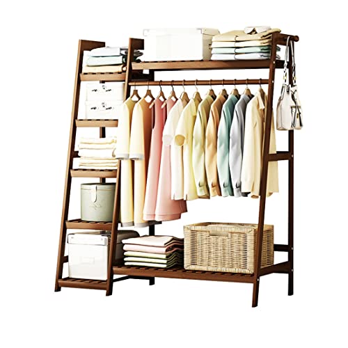 MIIKHI Perchero de bambú para colgar ropa, perchero de bambú con estantes de almacenamiento de 5 niveles y 2 ganchos para abrigos