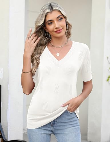 AKEWEI Womens Short Sleeve V Neck Sweater Lightweight Knit Spring Summer Top2