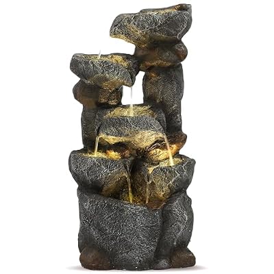 Grepatio Cascading Rock Outdoor Water Fountain, 6 Tier Garden Waterfalls Fountain with 6 LED Lights, Modern Indoor Floor Standing Water Fountains with Pump for Garden, Patio, House Decor, 35" H
