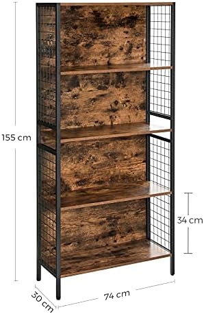 VASAGLE Bookcase, Office Storage Shelf, 4 Tiers for Books, Decorations, Stable Steel Frame, S-Shaped Hooks for Hanging, Living Room, Studio, Bedroom, Rustic Brown and Black LBC023B01