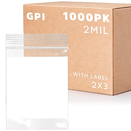 Gpi RB0203.2B-1000P Case Of 1000 2 Inch X 3 Inch Clear Plastic Reclosable Zip Bags - Bulk 2 Mil Thick Strong & Durable Poly Baggies With Resealable Zipper Top Lock & Write-On White Block cover