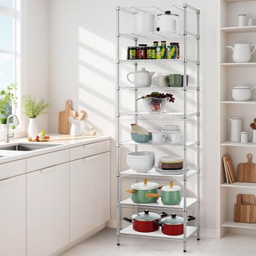 Finnhomy 9-Tier Wire Shelving Unit Adjustable Steel Wire Rack Shelving, 81 Inches Height 9 Shelves Metal Storage Rack, Pantry Shelves for Storage with PE mat, NSF Certified, Chrome