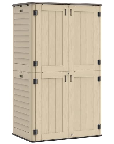 IWDOO Vertical Outdoor Storage Shed, 60 Cu.Ft Resin Storage Cabinet Waterproof with Lockable Floor, All-Weather Tall Backyard Shed for Patio Furniture, Garage, Garden, Porch (Khaki)
