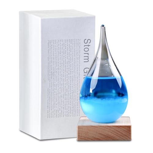 Purple Storm Glass Weather Forecaster Small Teardrop Shape Weather Forecast Bottle with Wooden Base Storm Glass Weather Station Fathers Day Gifts High-Grade Home and Office Decoration (bule)