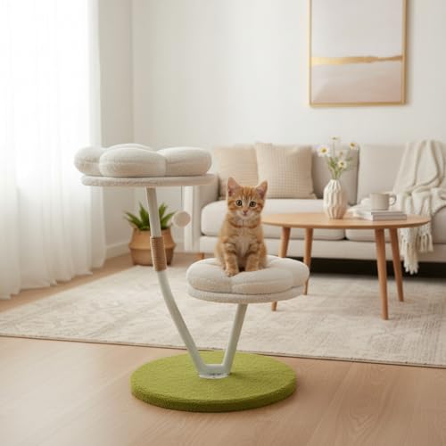 16 Daisy Flower Cat Tree Tower for Kittens and Small Cats 2-Tier Sturdy Cat Condo with Steel Frame Soft Plush Beds Scratching Post & Toy Cute Small Cats Furniture for Kittens Green & White