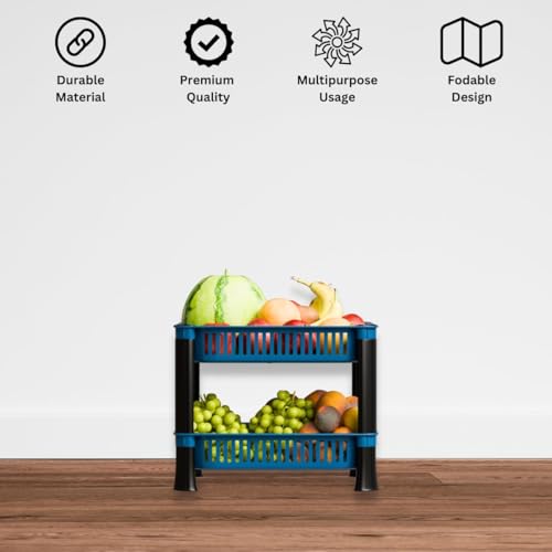 Image of Multipurpose Plastic Storage Rack for Kitchen | Foldable Vegetable & Fruit Organizer Stand for Onion, Potato, Sabji | Countertop Multi-Layer Basket Rack for Home, (Blue, 2 layer)
