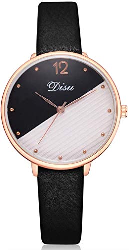 Damenuhr Quarz-Armbanduhr mit rundem Zifferblatt, Kontrastfarbe mit PU-Armband für Elegante Frauen, Schwarz