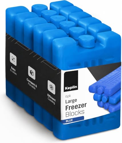 KEPLIN Large Freezer Ice Blocks (6 Pack) Blue Reusable Ice Packs for Cooler Bags Lunch Boxes Travel Picnic & Camping Long Lasting Cooling Gel Keeps Food & Drinks Fresh for Hours