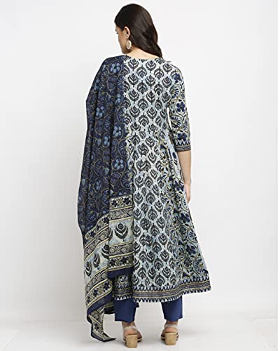 Image of Rajnandini Women's Blue Pure Cambric Cotton Floral Printed Kurta Set With Dupatta (S To 6XL- Size)(JOPLVL218-P)