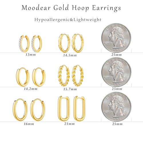 Moodear 6 Pairs Gold Hoop Earrings Set for Women 14K Gold Plated Hypoallergenic Thick Huggie Hoop Earrings Trendy Small Chunky Earrings Jewelry Gifts2