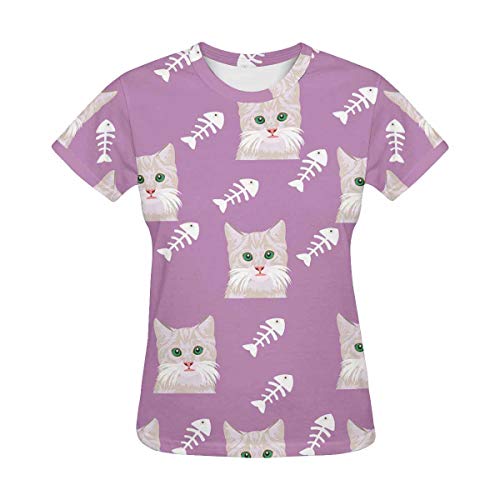 INTERESTPRINT Cutsom Cute Cats with Fish Bones Classic Short-Sleeve All Over Print Women's T-Shirt L