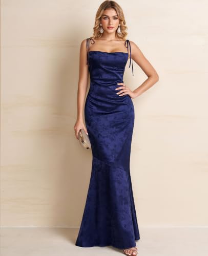 Image of GLNEGE Wedding Guest Maxi Prom Dress Lace Up Satin Formal Dresses for Women | Spaghetti Strap Cocktail Elegant Bridal Shower Wgute Dress Bodycon Mermaid Long Evening Black Tie Dresses for Women