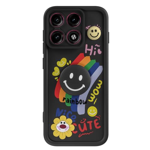 Image of Pikkme Back Cover for Motorola Moto Edge 70 Pro 5G | Soft Silicone| Cute Rainbow Smile & 3D Cartoon Flower Design | Shockproof Raised Camera Protection Bumper Case (Black)