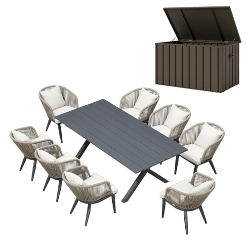 Image of PURPLE LEAF 9 Pieces Patio Dining Set with Storage Box Wicker Outdoor Furniture Rectangular Table and Chairs Set for Garden Deck Backyard Kitchen, Cushions and Pillows Included Taupe