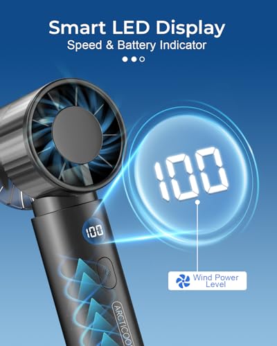 Image of ARCTICOOL Portable Mini Hand Fan, 12000 RPM Brushless High-Speed Personal Fan with 2000mAh Rechargeable Battery, 100-Speed Adjustable, LED Digital Display & Hook Design for Travel, Outdoor (Black)