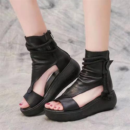 Women's Orthopedic High-Top Sandals Boots Retro Roman Fish Mouth Leather Hollow Chunky Heel Sandal Summer Y2K Walking Shoes2