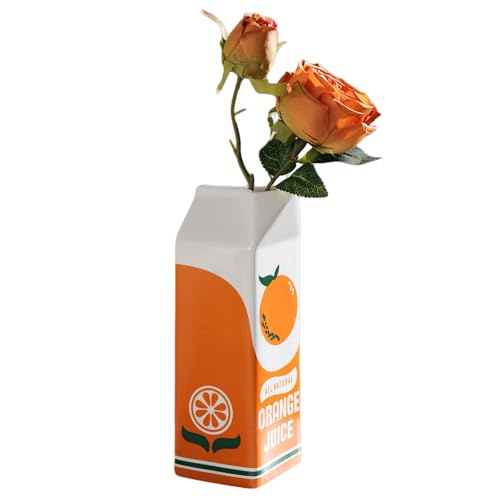RUIXIAOXI Ceramic Orange Juice Vase 8.7-Inch Tall Modern Flower Vase with Unique Simulated Beverage Carton Design Eclectic Vases for Flowers Round Aesthetic Table Decor Art Vase