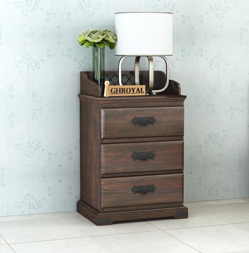 Image of Solid Sheesham Wood Bedside Table with 3 Drawer Storage End Table Sofa Side Table for Living Room Home and Office (Walnut Finish)