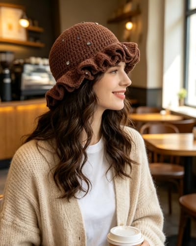 Image of Women Crochet Bucket Hat Cute Winter Ruffled Brim Floppy Cap Handmade Knit Cloche Hats