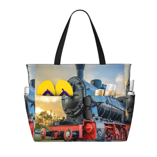 Steam Train Old Engine Train Beach Bag Women Tote Bag Pool Bag With Zipper For Gym Grocery Travel With Wet Pocket