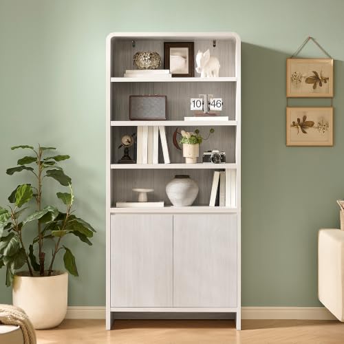 Image of AMERLIFE 71 inch Modern Bookcase Set of 2 with Storage Cabinets, White | 2 Pieces Bookshelf Set, Storage Cabinets with Adjustable Shelves, Curved Design, Ideal for Living Room, Bedroom, Home Office