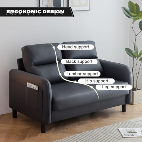 2 Seater Leather Sofa Couch Loveseat With Armrest - Faux Leather Small Settee for Living Room, Comfortable Modern Black - Image 4