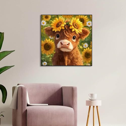 Image of Cattle Sunflower Stamped Cross Stitch Kits for Adults - Embroidery Kits for Beginners Adults,11 CT Patterns Dimensions Counted Cross Stitch Kits for Adults Arts Craft 14x14 inch