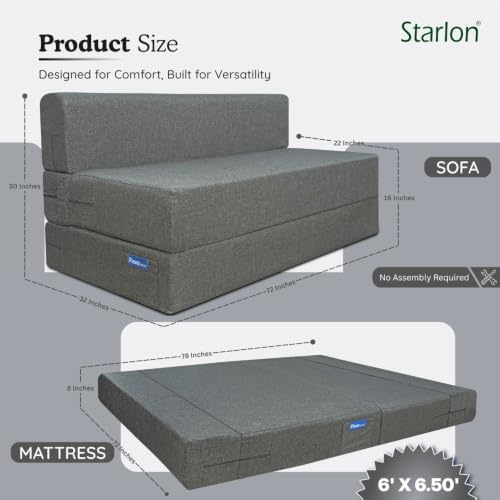 Image of Starlon 3 Seater Foldable Sofa Cum Bed 3-in-1 with Washable Jute Fabric Cover, Space Saving Guest Bed for Living Room & Apartment Ash Gray 6x6.5 Ft