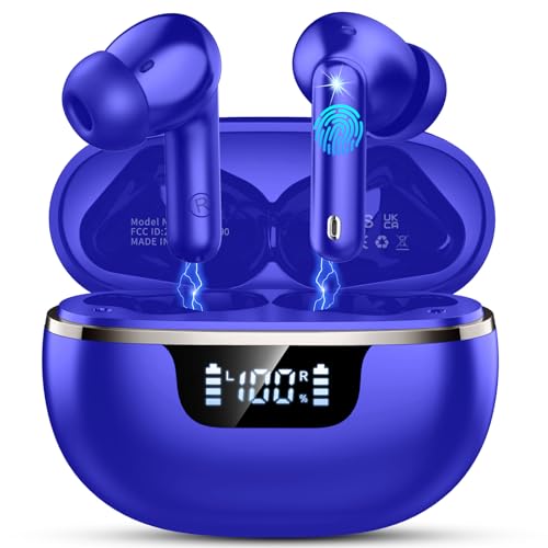 Wireless Earbuds, Bluetooth 5.4 Headphones with 4 ENC Noise Cancelling Microphone, Ear buds with HiFi Stereo Deep Bass, Bluetooth Earphones 40H Playtime LED Display, IP7 Waterproof Touch Control, Blue