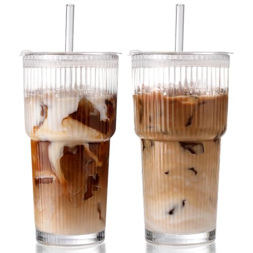 Iced Coffee Cups with Lids 2Pcs: Ribbed Glass Tumbler with Straw and Lid 20oz - Vintage Glass Cups with Lids and Straws - Tumbler Leak Proof Aesthetic Drinking for Coffee Bar Accessories