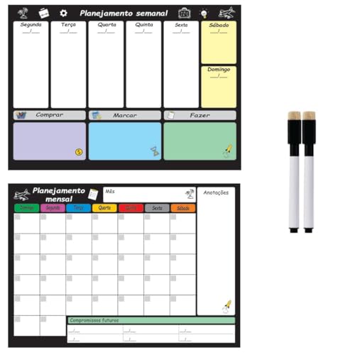 Kit Planejador Mensal e Semanal 30cm x 40cm Magnético Para Geladeiras Quadro Planejamento Apagável +