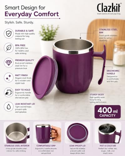 Image of Clazkit Travel Leak Proof Coffee Mug | Stainless Steel Coffee Tumbler | Spill-Proof Lid | Hot & Cold Vacuum Mug for Office, Travel & Car-300ml - Purple