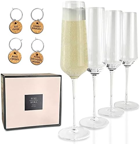 PURE MORA The Emmie Champagne Glasses - Set of 4, 8 oz, Modern Hand Blown Crystal Glass Flutes, for Champagne, Mimosa, Sparkling Wine & Prosecco. Bride and Groom Wedding Gift, Fluted Glassware