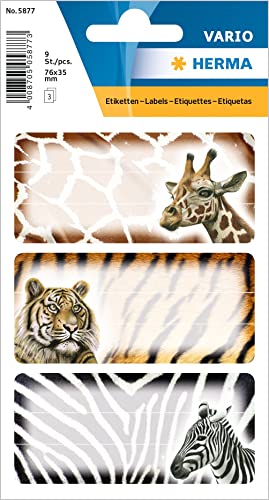 HERMA 5877 Buchetiketten zum Beschriften Afrikanische Tiere, 9 Stück, 76 x 35 mm, selbstklebend, liniert, Buchaufkleber für Schule Kinder Mädchen Jungen, mehrfarbige Heftetiketten Aufkleber, bunt
