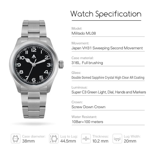 Image of TACTICAL FROG Militado ML08 Field Watch Japanese Sweep VH31 / 515 Movt with Calendar, Men's Military Watch Sapphire Crystal 10 ATM Waterproof Analog Watches for Men