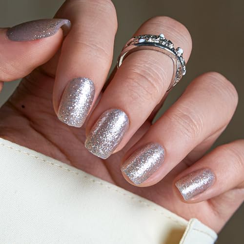 CurvLife Short Square Glitter Press On Nails, Silver Spark, Soft Gel