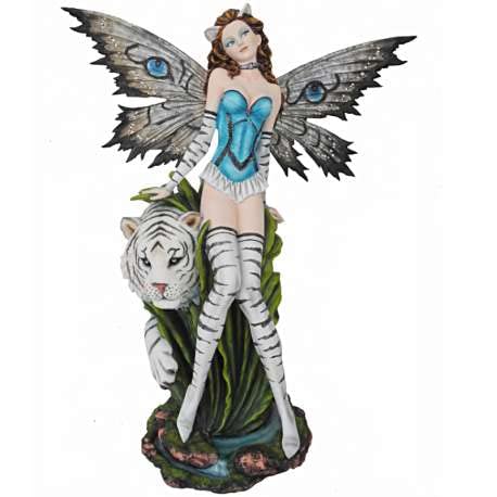 Grande Figurine de Fée et Tigre Blanc 67cm, statue fantastique Monde Féérique