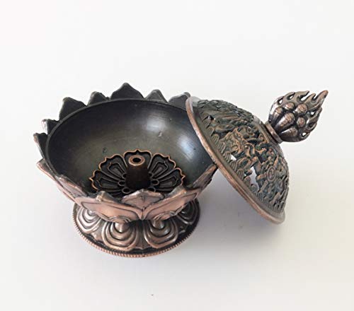 Secret For Longevity 4-Piece Copper Bronze Antique Chinese Asian Style Lotus Flower Incense Burner Pot W/Stick Cone Coil Holder W/White Sage Cones Zen Buddha Buddhist Meditation Decor Gift Set #TOP1