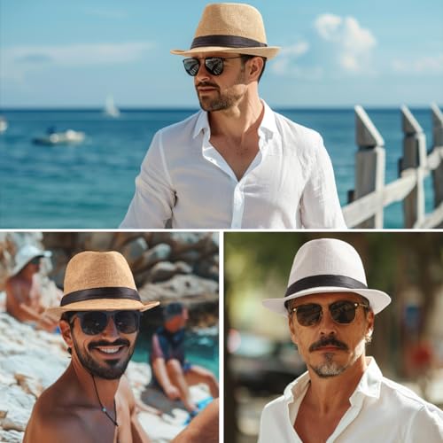 Image of LADYBRO 7 1 /4 Straw Fedora Hats for Men Summer Short Brim Trilby for Travel (Pack of 3, M /L)