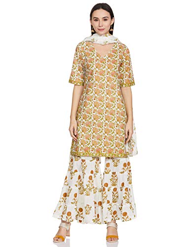 AKS Women White & Olive Green Printed Kurta with Sharara