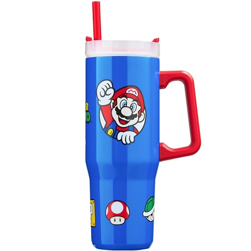 Get Trend Super Mario Tumbler with Handle and Straw 32 oz Keeps Hot 8 Hrs Cold 12H & Ice 42H BPA-Free Insulated Stainless Steel Water Bottle Travel Mug Gamer Gifts (Blue Super Mario)