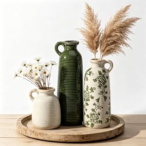 Ceramic Vase Set of 3 with Handles, Green White Neutral Rustic Modern Farmhouse Boho Decor, Versatile as Table Centerpiece or Mantel & Shelf Accent – Unique Home Gift Idea