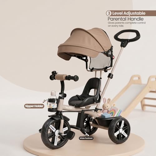 Image of Luusa Elite Pro 4-in-1 Kids Tricycle with Parent Push Handle, Adjustable Canopy, Safety Seat with Seat Belt, Storage Basket & Cup Holder | Toddler Trike for 1-4 Years Boys & Girls (Beige)