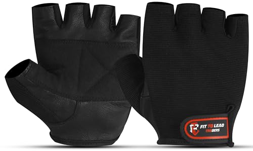 FIT TO LEAD TRADERS Weightlifting Gym Gloves with Non-Slip Leather Palm for Fitness, Bodybuilding, and Workout for Men and Women (Black, Medium)