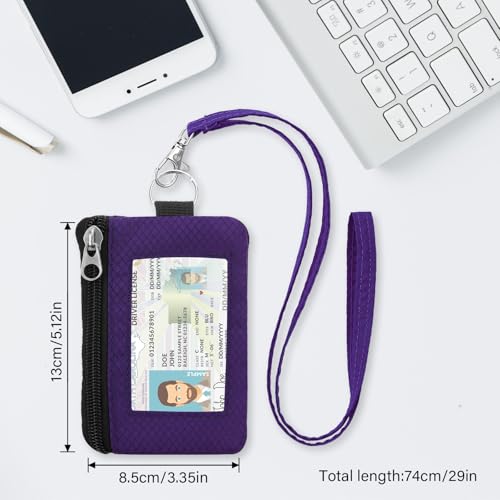 Image of Minimalist RFID Wallet with Lanyard, Multi-functional ID Case with 2 Zipper Pockets and Key Chain for Men and Women, Tactical Badge Pouch Cards Holder, Coin Purse for Travel Sports - Dark Purple
