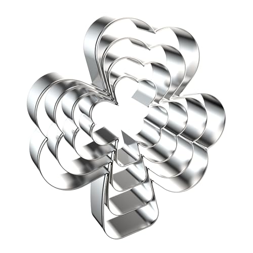 QAAQS Formine per biscotti a forma di trifoglio per decorazioni per feste di primavera irlandese di San Patrizio - 12,7 cm, 10,2 cm, 7,6 cm, 5,1 cm - Set di formine per biscotti a forma di trifoglio