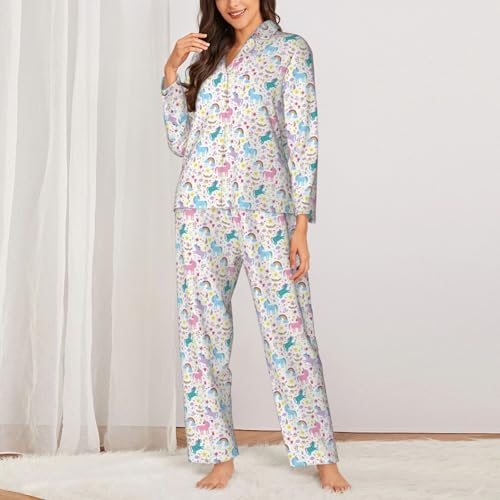 Pyjama licorne rose femme long 2 pièces décontracté