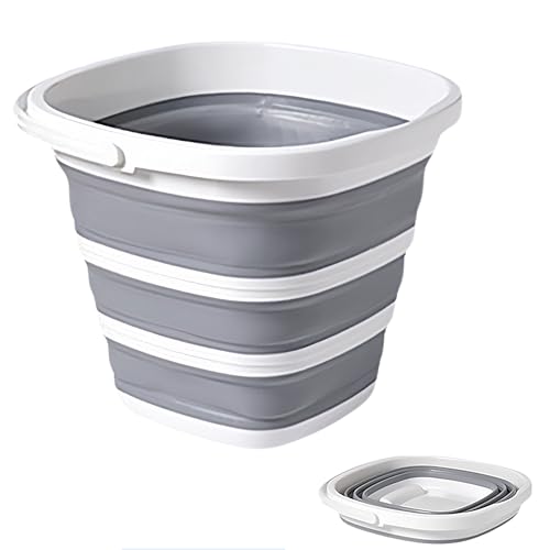 折りたたみバケツ 10L 大容量 厚手 丸型/四角型 多機能 洗濯 洗車 足湯 釣り コンパクト収納 PP+TPR素材 グレー/ホワイト (四角型)