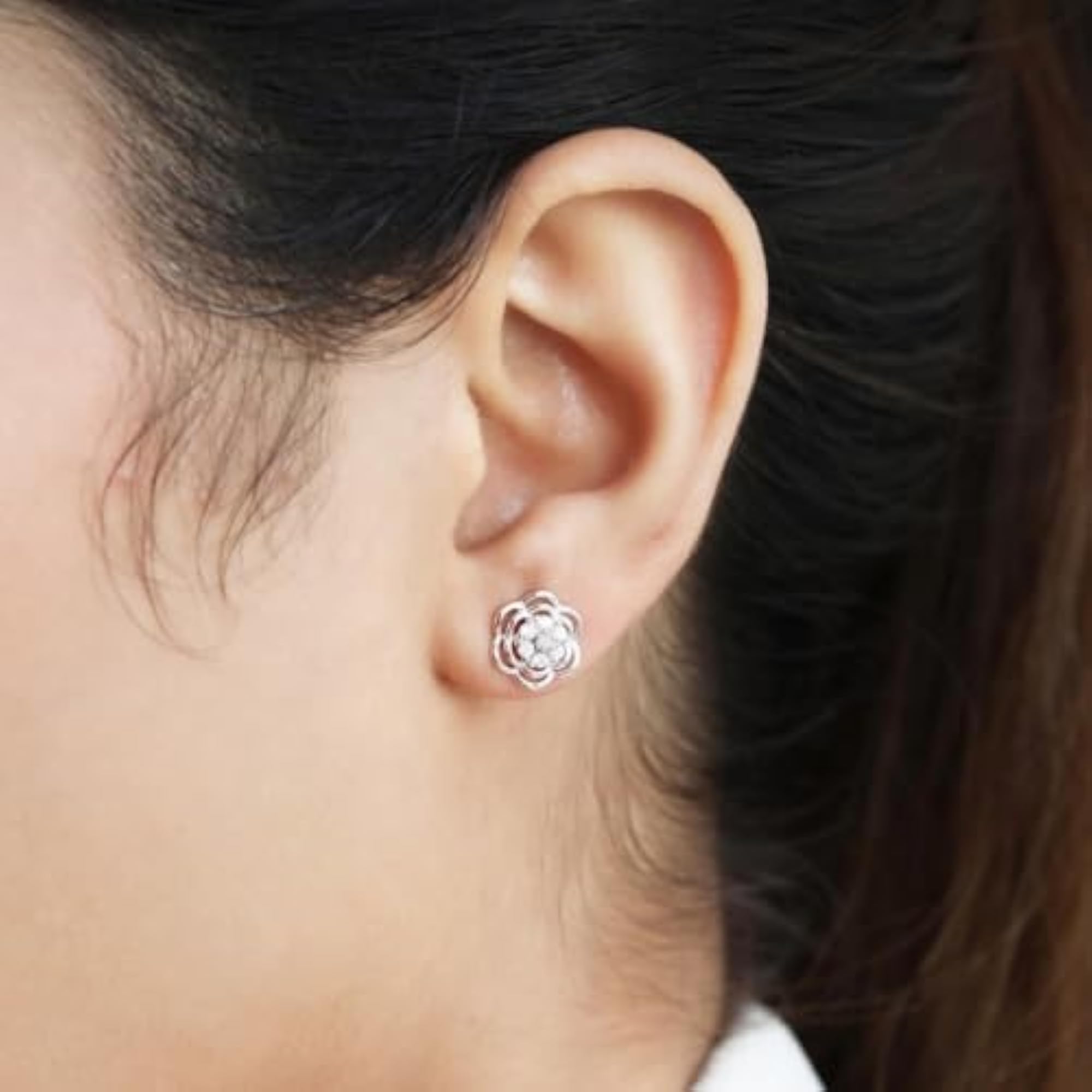 925 Silver CZ Floral Stud Earrings with Rhodium Plating