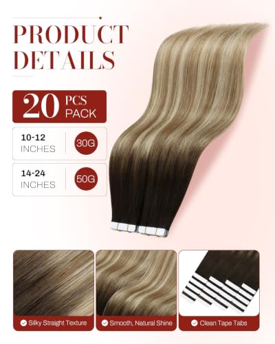 Image of Moresoo Tape in Human Hair Extensions Dark Brown Blonde 16in 20Pcs 50g | Human hair tape in extensions, low-contrast blonde ribbons, skin weft tabs, medium length for office and travel styling